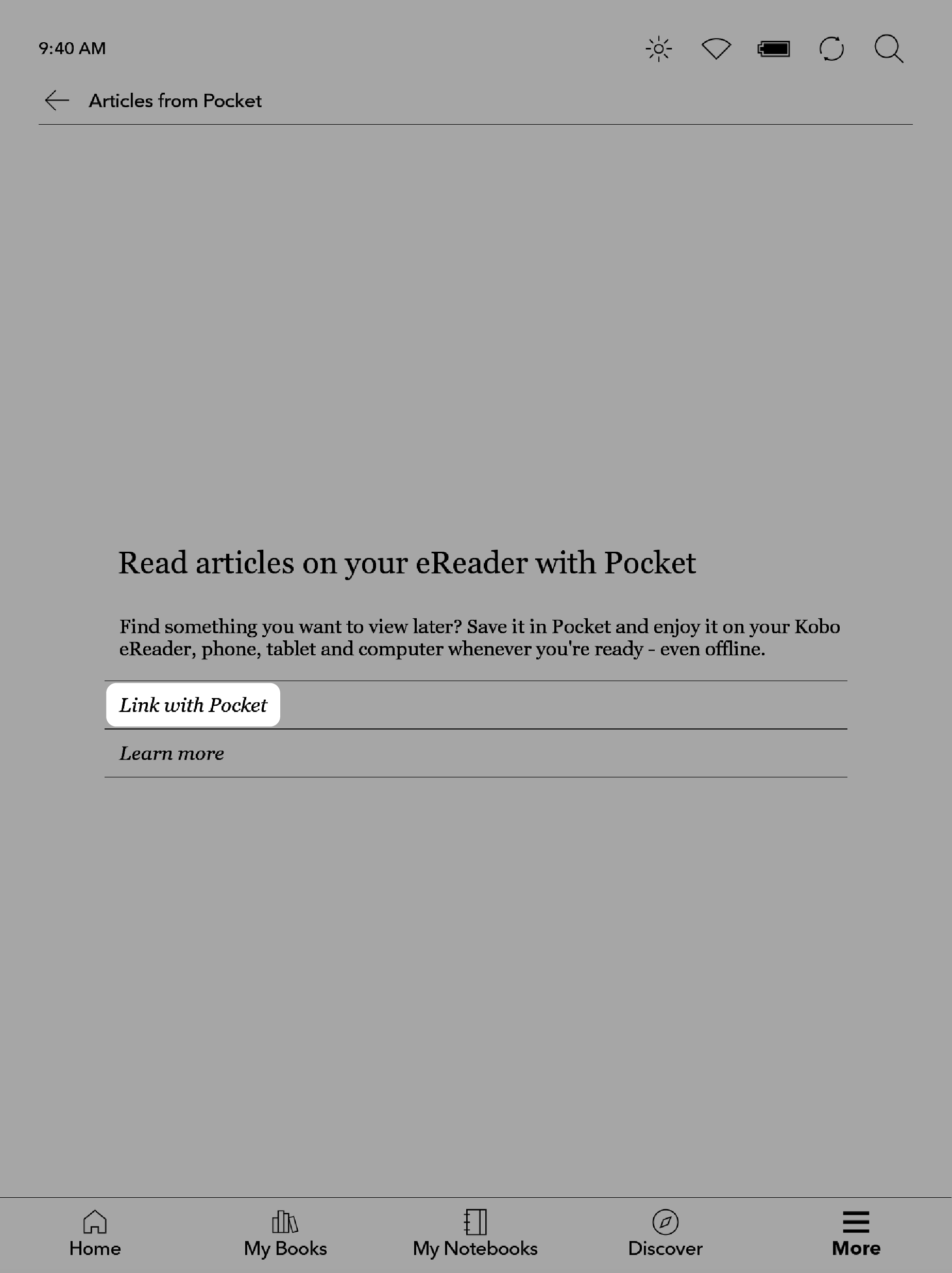 Kobo eReader Pocket screen with the Link with Pocket button highlighted.